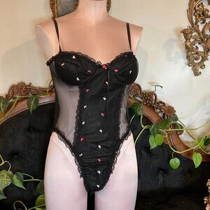 Vintage lingerie heart Lace Mesh Bodysuit high leg embroidered Size L Black
